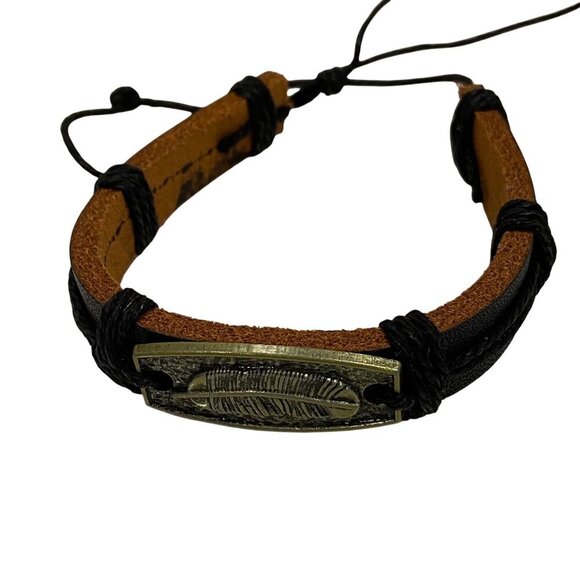 Leather Feather Design Adjustable genuine leather Bracelet black & brown unisex - Picture 1 of 8